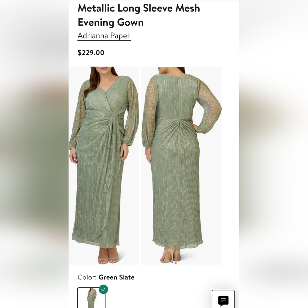 Adrianna Papell Metallic Long Sleeve Mesh Evening Gown - Green